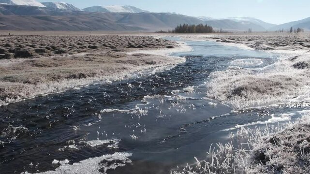 Fast-moving stream of narrow river runs along frozen banks on sunny day. Mountain landscape of autumn nature with melting ice islands and frosted grass in highland. Altai