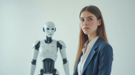 Concerned Businesswoman with Humanoid Robot Facing Fears of Job Displacement in the Age of AI