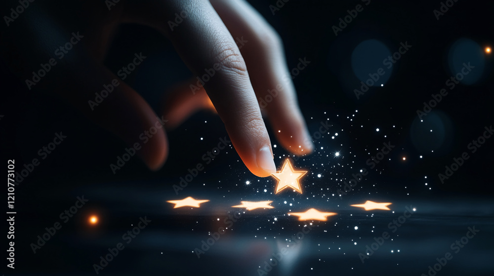 Poster hand touching glowing star with sparkles on a futuristic dark background