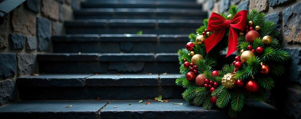 Fototapeta premium Colorful Christmas wreath on dark stone staircase, holiday, christmas