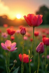 Fototapeta premium Soft petals unfurl as delicate wildflowers dance in the fading light of a summer sunset, flowers, blooms,