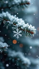 Snowflakes gently falling on a frosty pine tree branch, nordic, snowflake, ornament