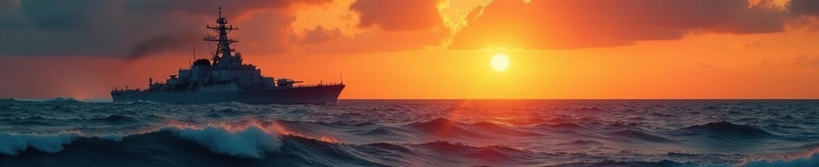 Fototapeta premium Warships in a bay during golden hour with waves crashing against the shore, sunset, wave