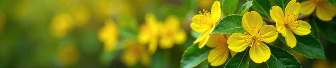 Bright yellow flowers on holly branches in spring, foliage, flowers