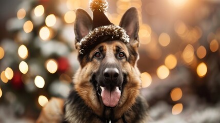 Festive german shepherd dog in holiday attire with bokeh lights background