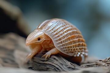 A small animal with a textured, scaly shell curls up on a piece of wood, highlighting its unique and intriguing form.
