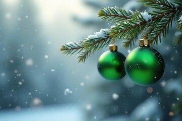 Obraz premium Green ornaments hanging from a branch of bare tree in winter, greenery, frozen branches, snowflakes