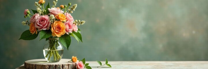 A delicate glass vase filled with fresh flowers placed on a natural stone pedestal, vintage, leafy greens
