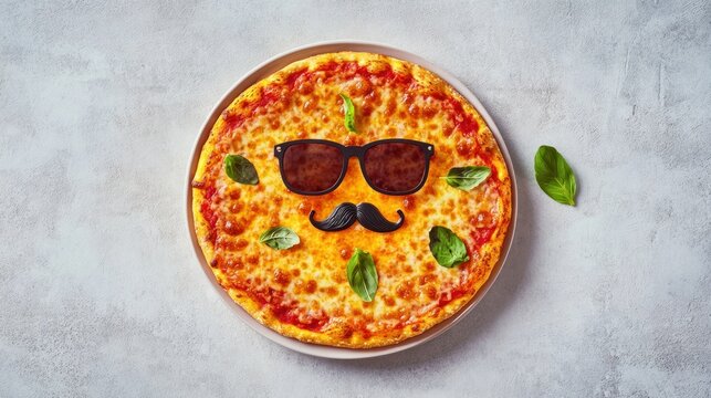 Funny pizza with sunglasses and mustache.