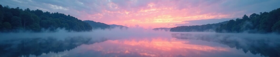 Fototapeta premium Evening clouds bring mist to still lake surface, fog, mist