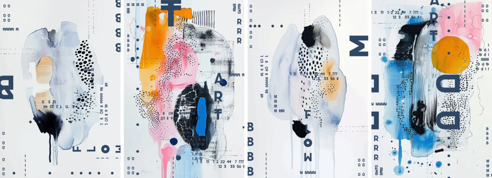 A series of abstract, minimalistic modern designs with figure and shape with soft edges and subtle gradients. The color palette includes pastel pinks, blues, yellows, whites, and black accents.