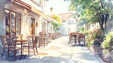 Fototapeta premium hand-drawn village cafe with outdoor seating, warm sunlight, cozy atmosphere, pastel watercolor style