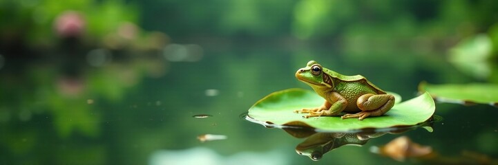 Fototapeta premium A frog perches on a lily pad in the lake's calm waters, water features, amphibian life, serenity