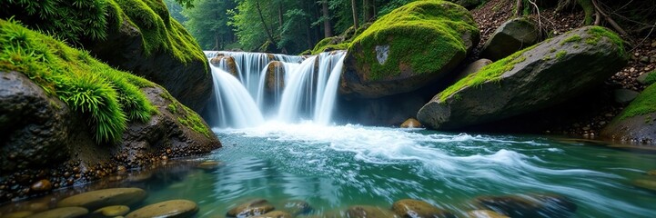 Fototapeta premium Crystal clear water cascades over mossy rocks, liquid, forest, rivers