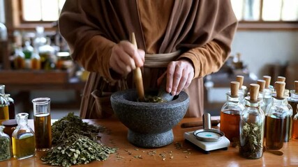 Herbalist Preparing Remedies in a Rustic Workshop Using Traditional Techniques With Natural Ingredients