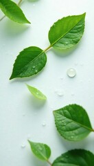 Delicate leaves suspended in water droplets on a white surface, isolated, nature