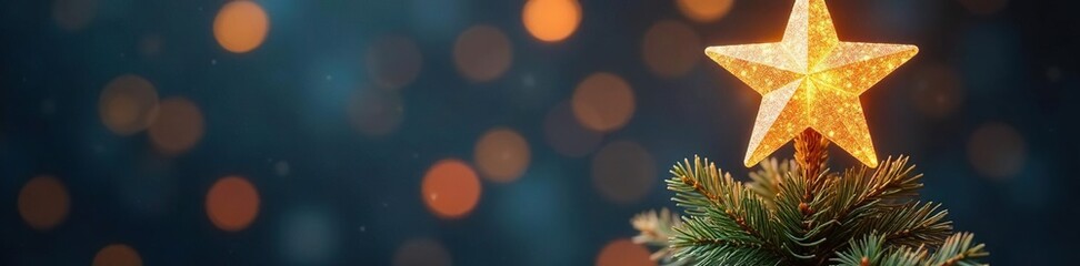 Obraz premium Shimmering star ornament on a frosted glass tree topper, holiday tree decor, glass ornaments