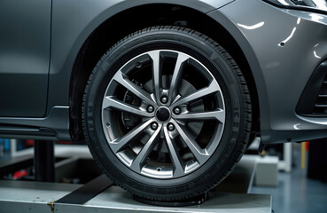 Close-up view of car wheel undergoing maintenance at service center. Wheel on machine for wheel alignment, balancing. Modern tech tools used for automotive care. Professional mechanics check car