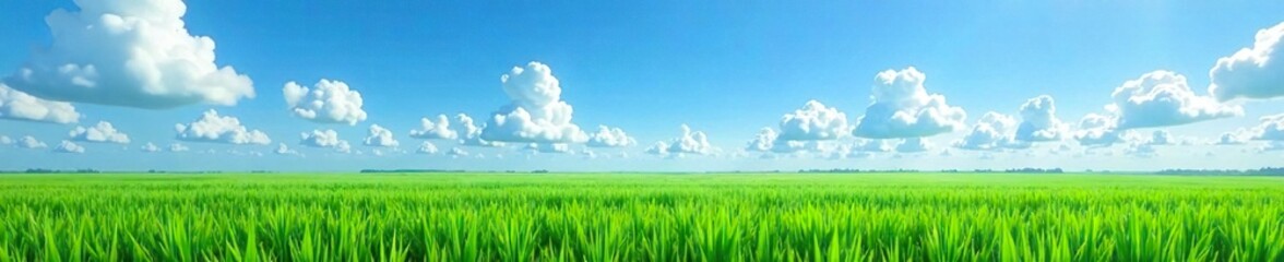 Obraz premium Blue sky with scattered white clouds, rice paddies in background, plant, growth, green