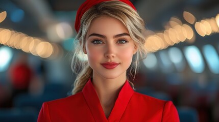 Smiling flight attendant in a red uniform stands in an airplane cabin during daylight