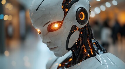 Fototapeta premium A humanoid robot sculptor creating a marble statue in an art studio, its glowing eyes reflecting the details of its work