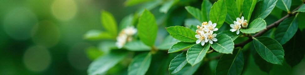 Obraz premium Evergreen shrub with dark green leaves and small white flowers in clusters, nature, himalayan cherry