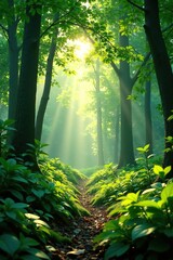 Obraz premium dense forest with sunlight filtering through leaves, green, foliage
