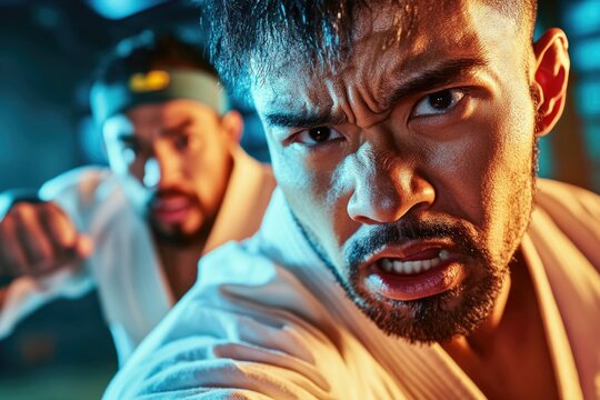Intense martial arts training with two asian men in gi uniforms under dramatic lighting - Powered by Adobe
