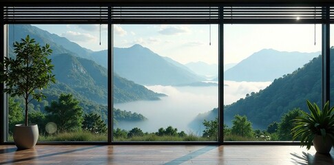 Misty mountains through large glass window with blinds, scenery, glass, window