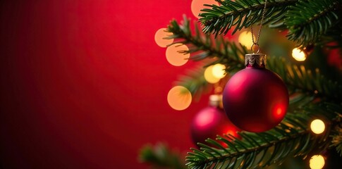 Abstract twinkling lights surrounding a hanging red bauble on fir tree in bright red background, ornaments, winter wonderland