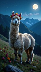 Alpaca wearing floral wreath on mountain meadow at night with moonlight, rustic, night