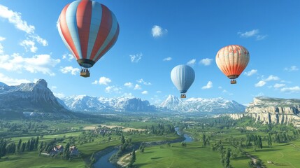 Fototapeta premium Hot air balloons floating over a green valley, clear blue sky, scenic landscape, calm and peaceful, highly detailed