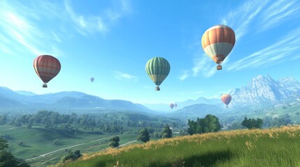 Obraz premium Hot air balloons floating over a green valley, clear blue sky, scenic landscape, calm and peaceful, highly detailed