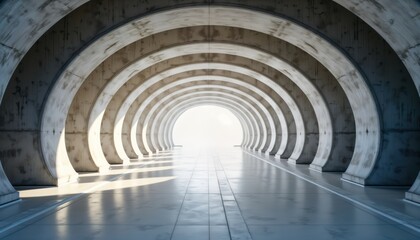 Obraz premium Empty reinforced concrete tunnel structure features arched side openings. Modern design with clean interior. Light streams through tunnel. Structure evokes sense of spaciousness, urban innovation.