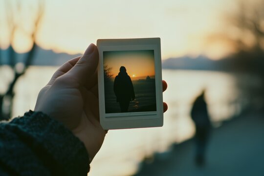 Hand holds a Polaroid of a silhouette at sunset, weaving nostalgia and evoking memories against a backdrop of a serene lakeside.