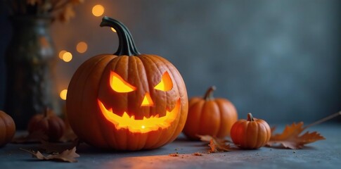 Carved pumpkin on white background with eerie glow, evening, autumn