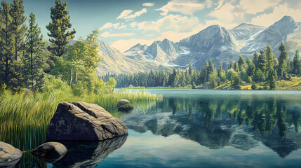 A serene lakeside scene bathed in emerald hues; lush grass whispers secrets to towering rocks on the verdant bank, inviting tranquility. Emerald Oasis. Illustration