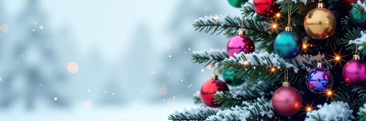 Obraz premium Colorful star balls adorning a majestic rainbow-colored Christmas tree against a white snowy background, Winter Wonderland, Holiday Season