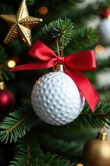 Red ribbon-tied golf ball ornament on Christmas tree, star, pinecone
