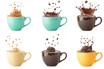 Watercolor-style illustration of coffee cups with different textures, including spills and foam patterns. Concept: diversity, creativity, and coffee culture.

