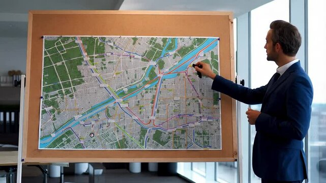 Man Explains Detailed City Transit Map in Conference Room While Standing Next to Large Presentation Board