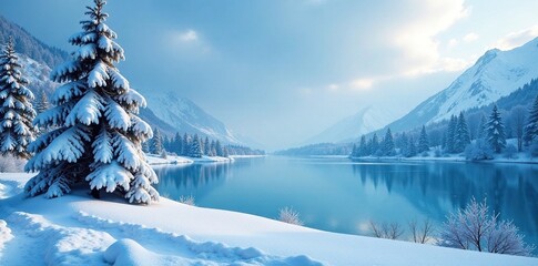 A peaceful blue winter landscape with snow-covered trees and a frozen lake, blue winter background christmas snowy tree frozen lake serene scenes, frozen lakes