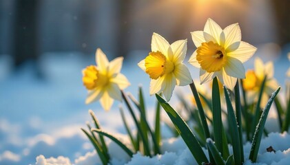 Fototapeta premium Frosty daffodils glisten like tiny golden jewels, winter scene, frozen, sparkling