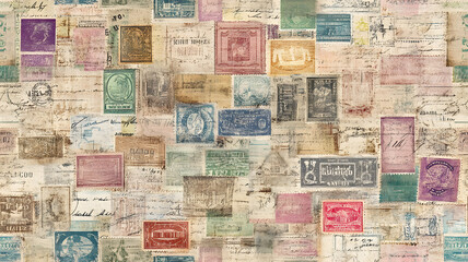Fototapeta premium Faded Vintage Postage Stamps with Detailed Artwork and Subtle Textures