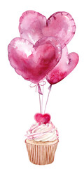 Watercolor illustration of pink balloons and a cupcake with a heart. Romantic design perfect for Valentine's Day, weddings, greetings and holiday cards.