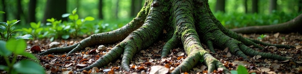 Ancient tree roots exposed in the forest floor, organic, foliage