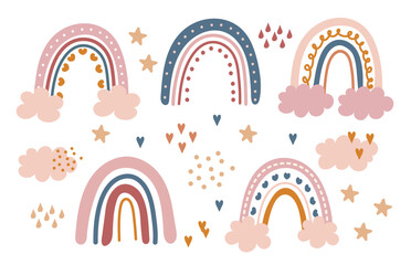  pastel rainbow set with clouds, hearts, and stars.  hand drawn  Scandinavian boho baby shower elements