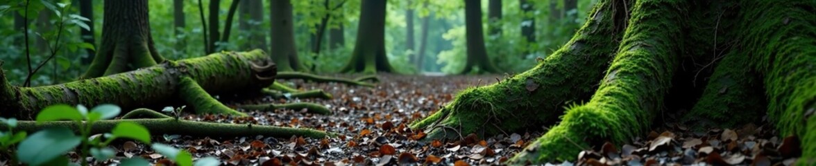 Fototapeta premium Dark forest floor with mossy tree roots and decaying logs, forest floor, nature