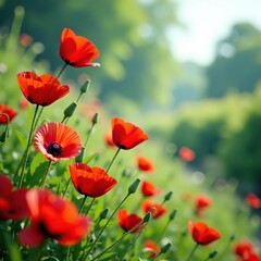 Fototapeta premium Colorful red poppies swaying gently in the wind, Derbyshire, botanical garden
