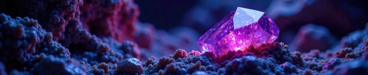 Deep purple amethyst crystal formation glows softly in the dimly lit cave, mineral, formations, sparkle